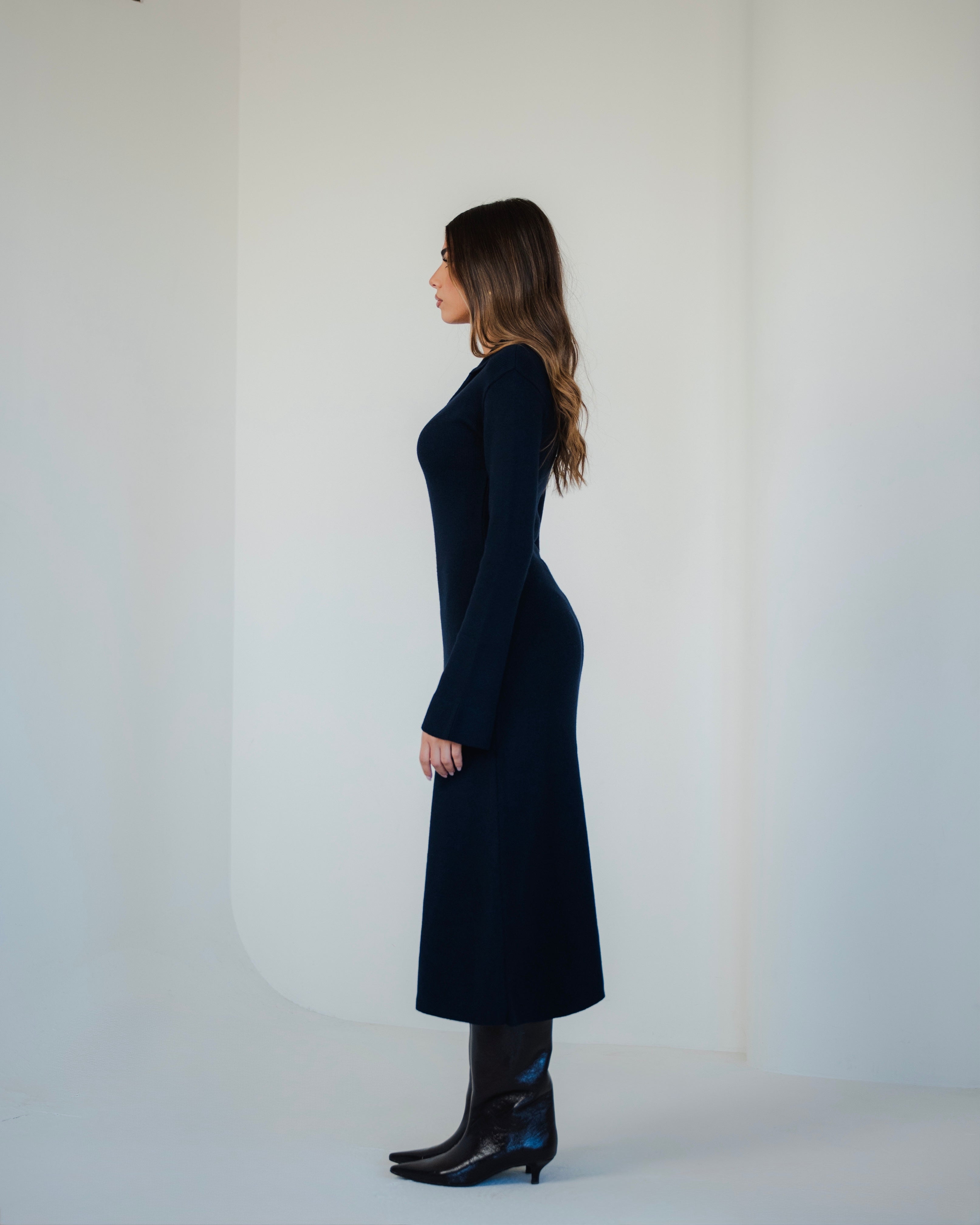 Navy Collared Knit Midi Dress