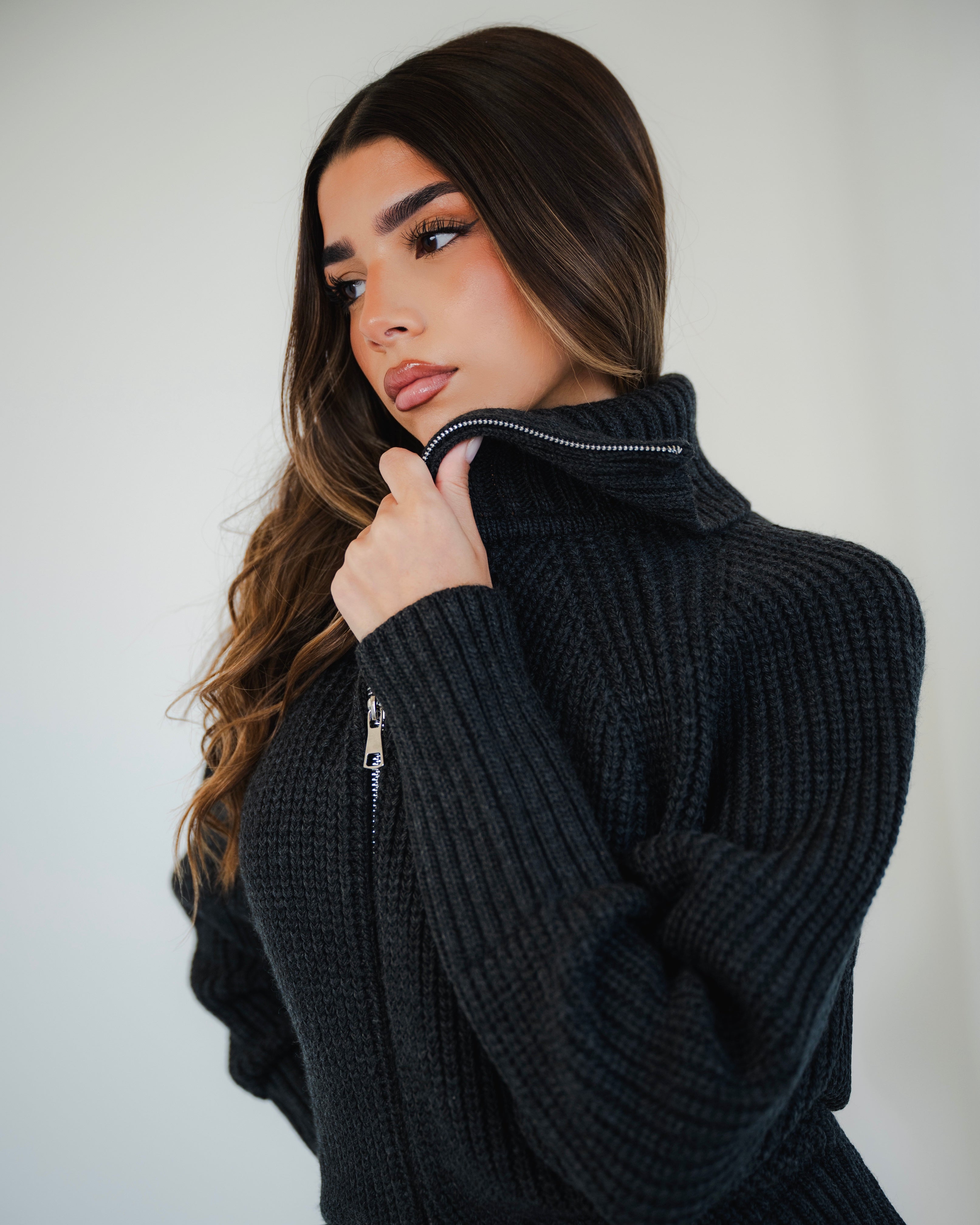 Charcoal Zip-Up Knit Sweater