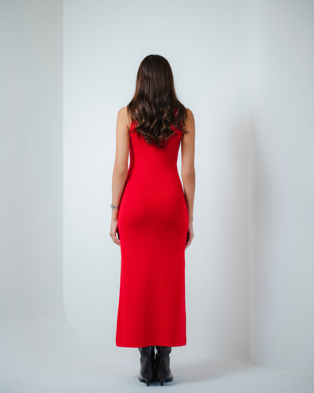 Red Collared Knit Midi Dress
