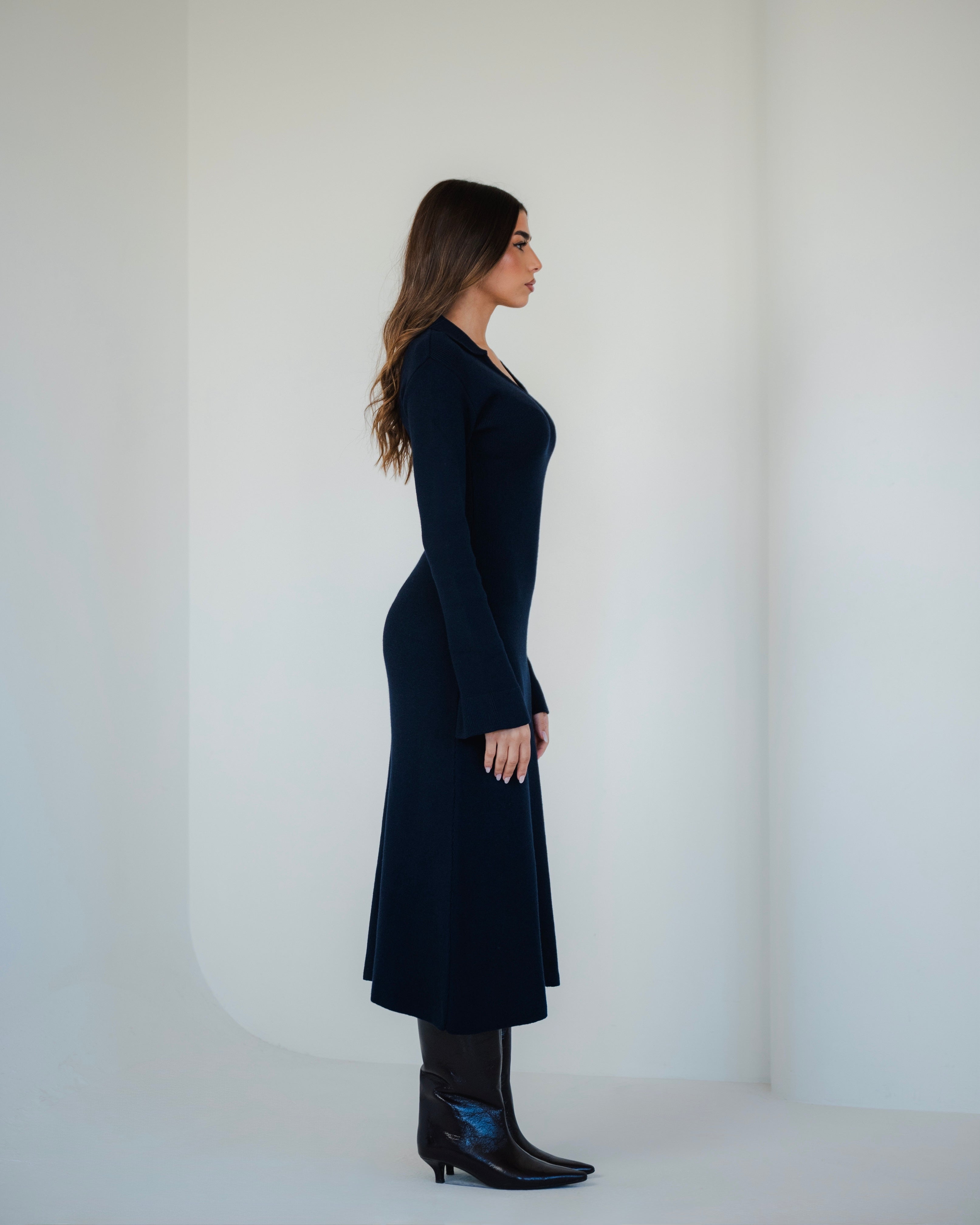 Navy Collared Knit Midi Dress