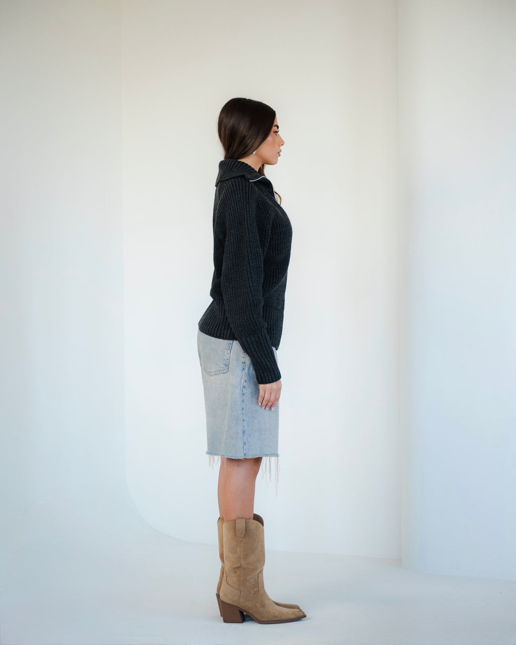 Charcoal Zip-Up Knit Sweater