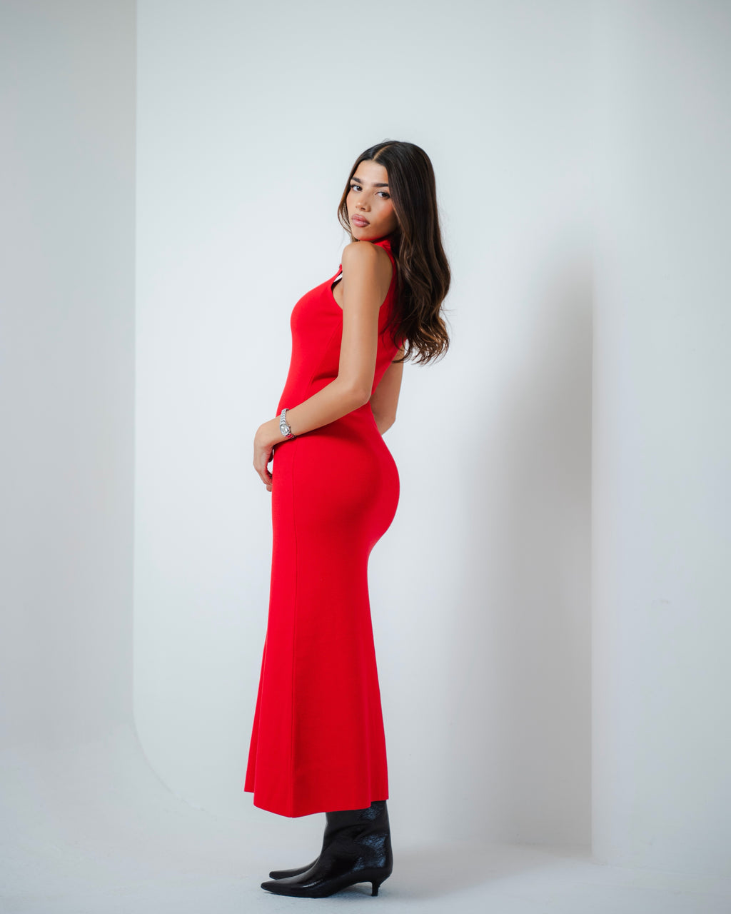 Red Collared Knit Midi Dress
