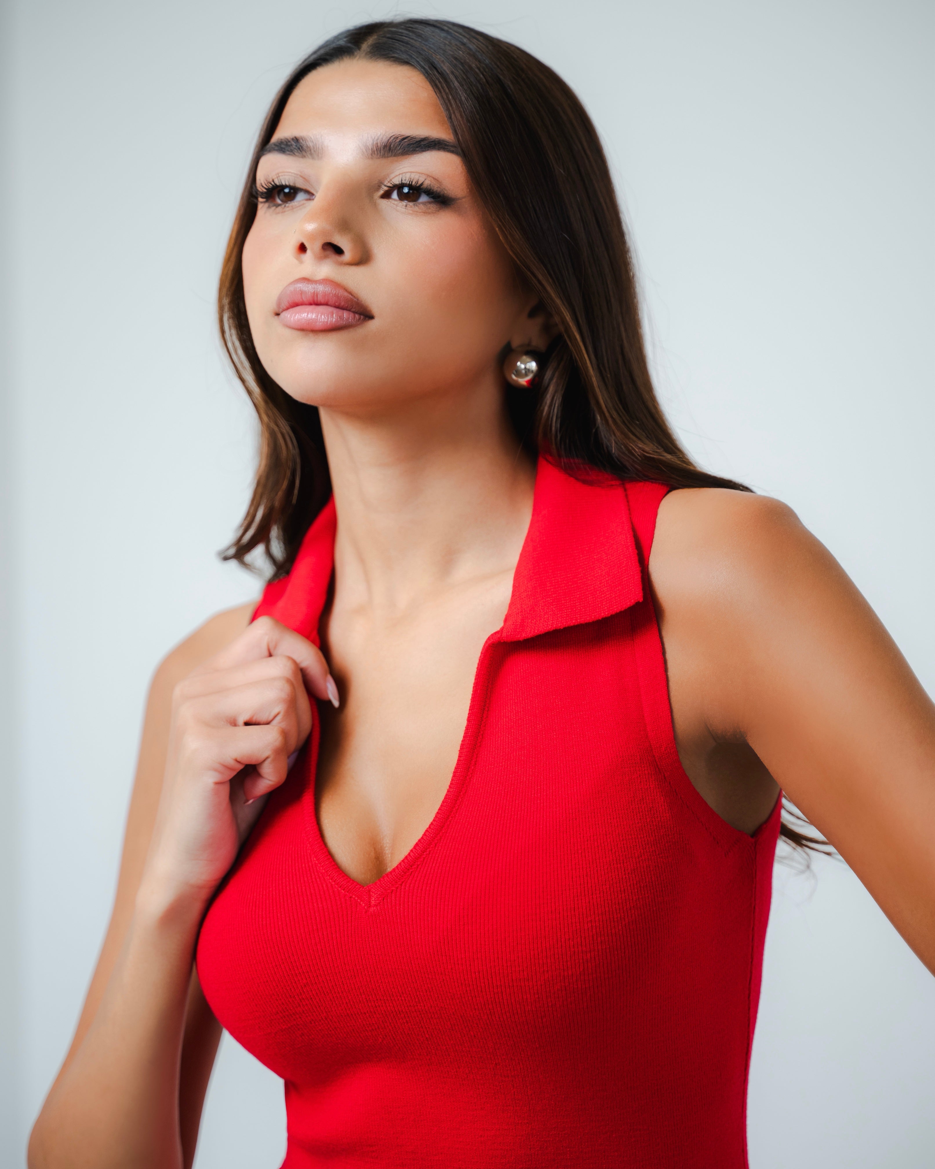 Red Collared Knit Midi Dress