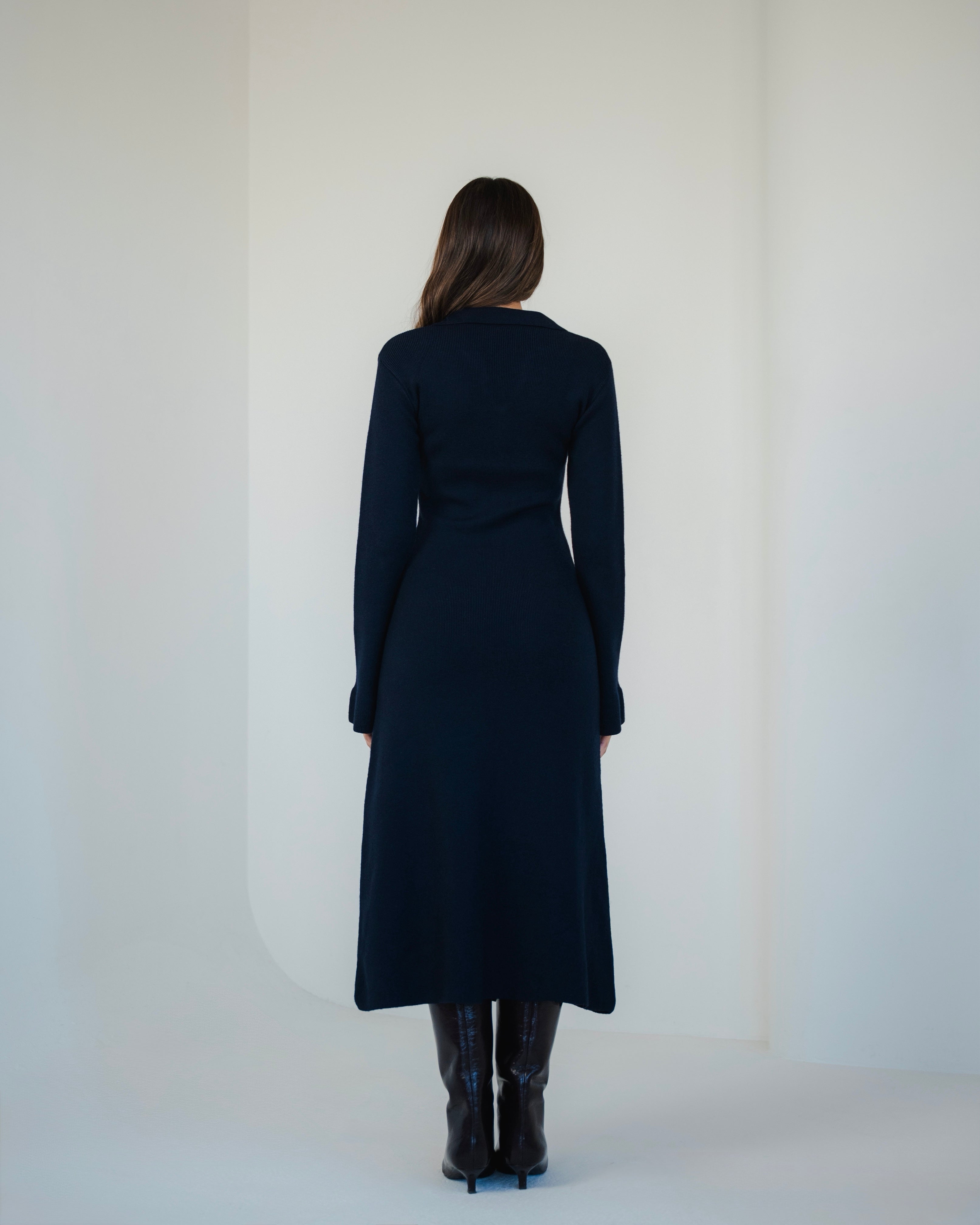 Navy Collared Knit Midi Dress