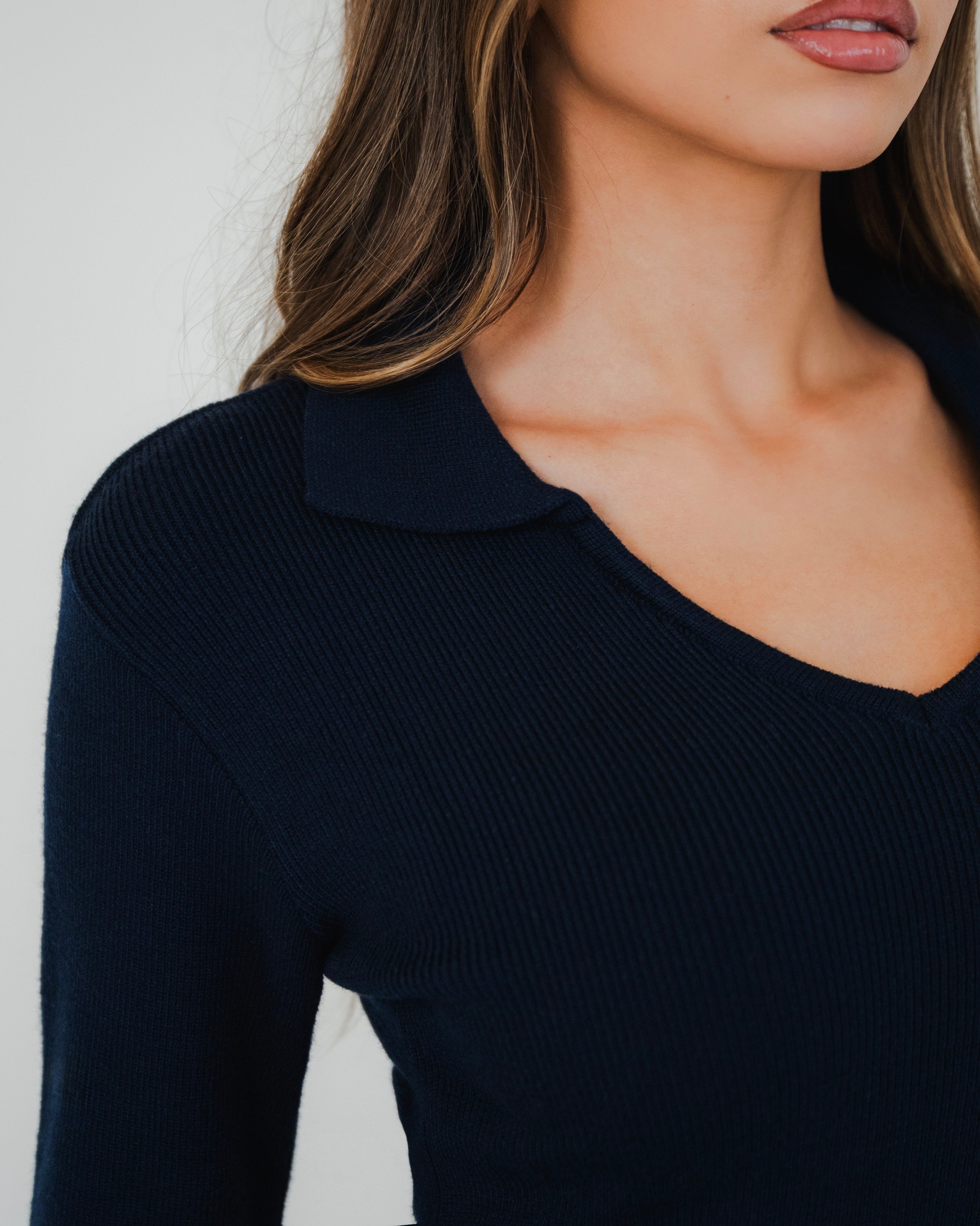 Navy Collared Knit Midi Dress