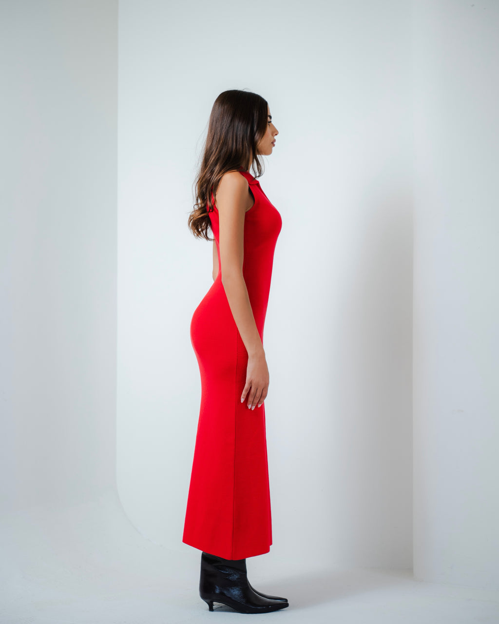 Red Collared Knit Midi Dress