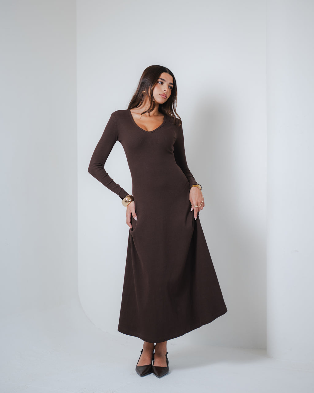 Brown V-Neck Midi Dress