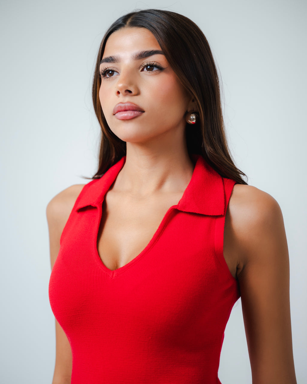 Red Collared Knit Midi Dress