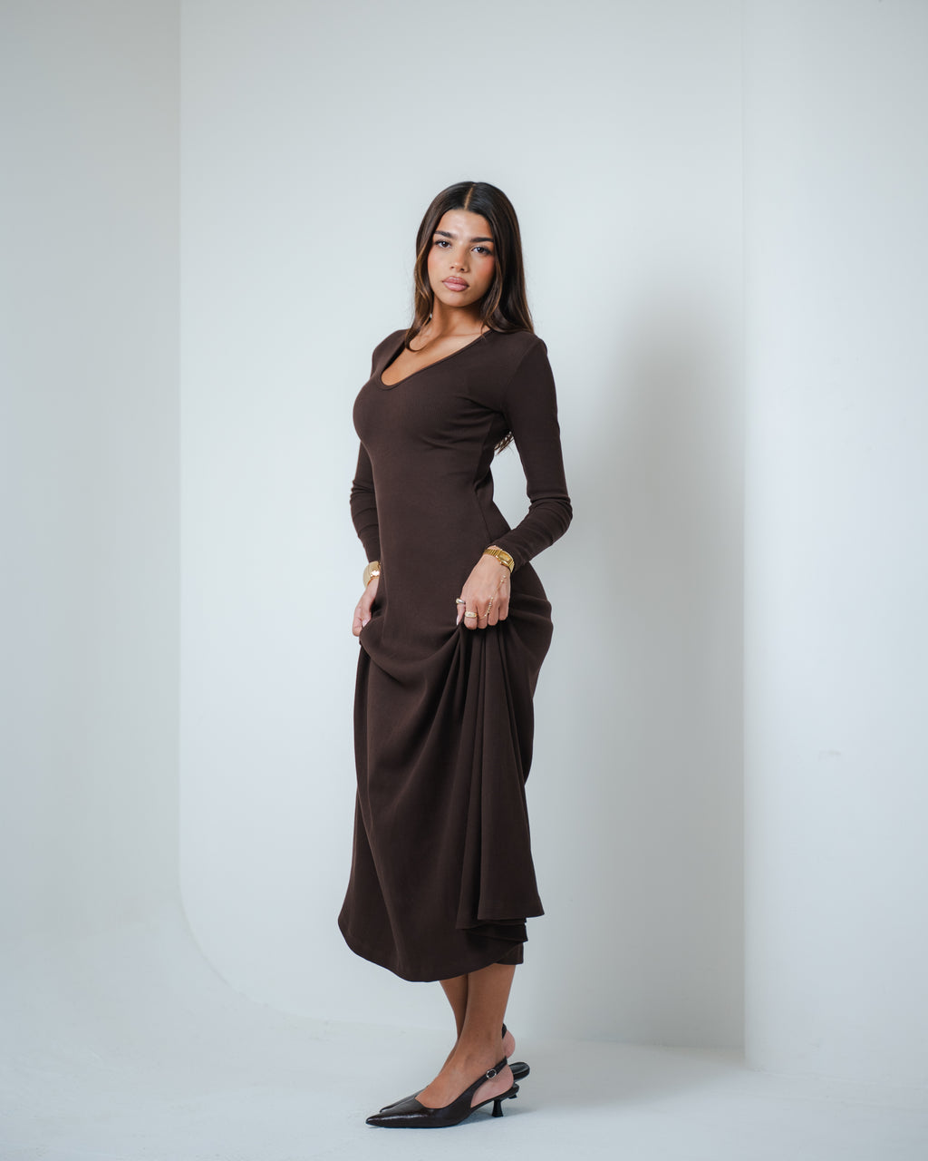 Brown V-Neck Midi Dress