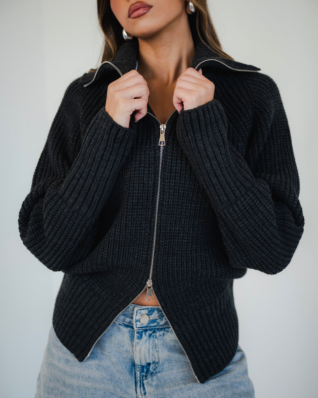 Charcoal Zip-Up Knit Sweater