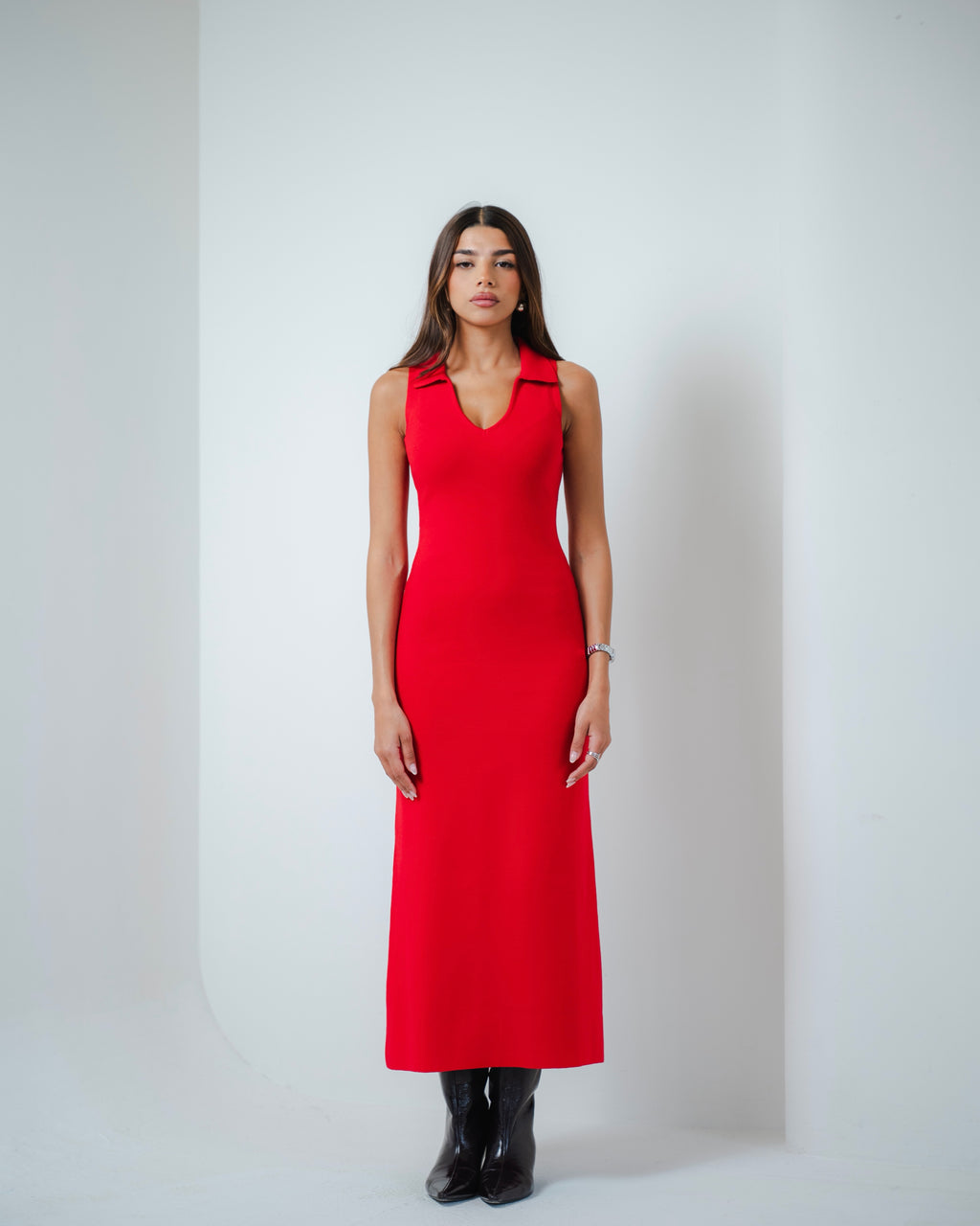 Red Collared Knit Midi Dress