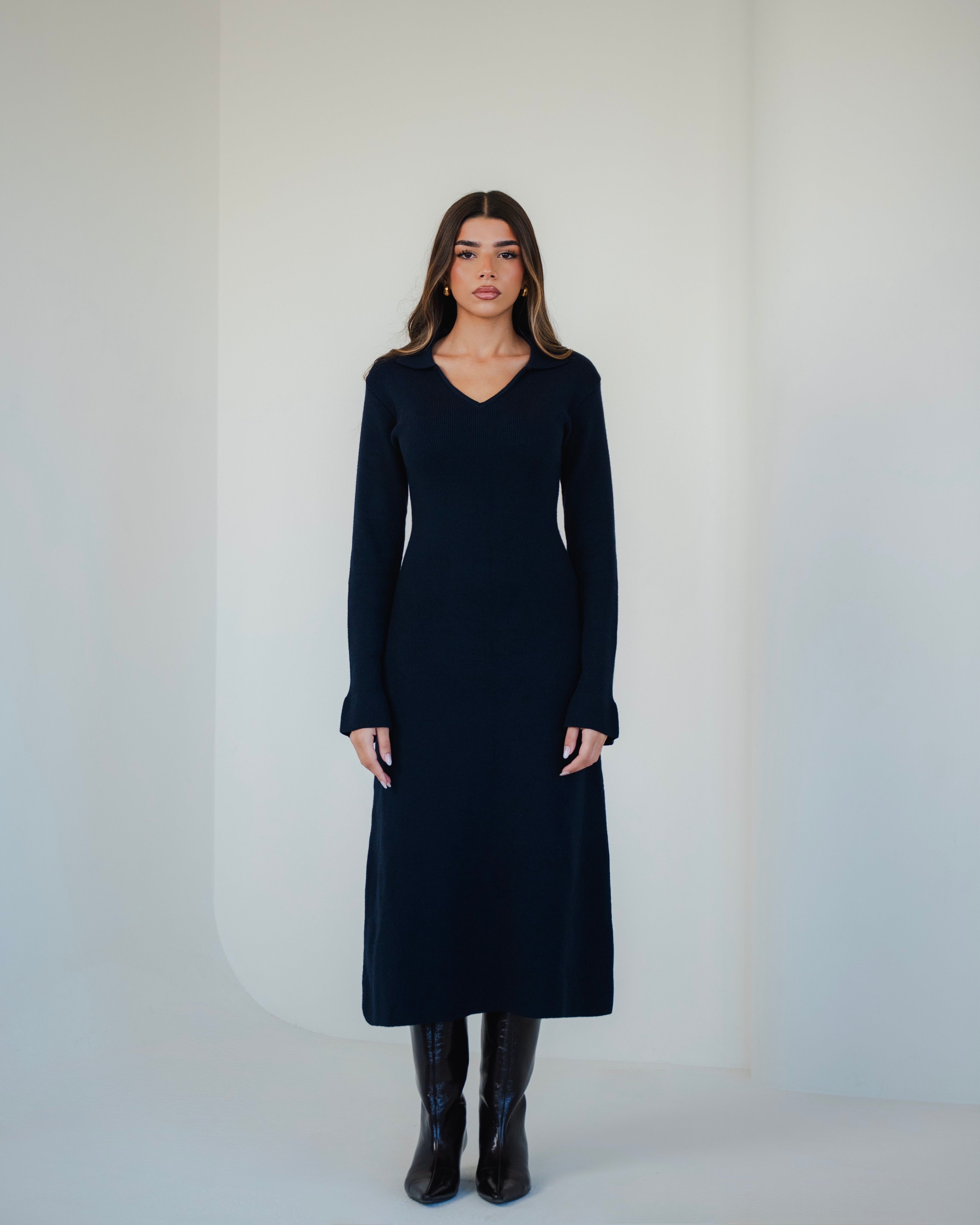 Navy Collared Knit Midi Dress