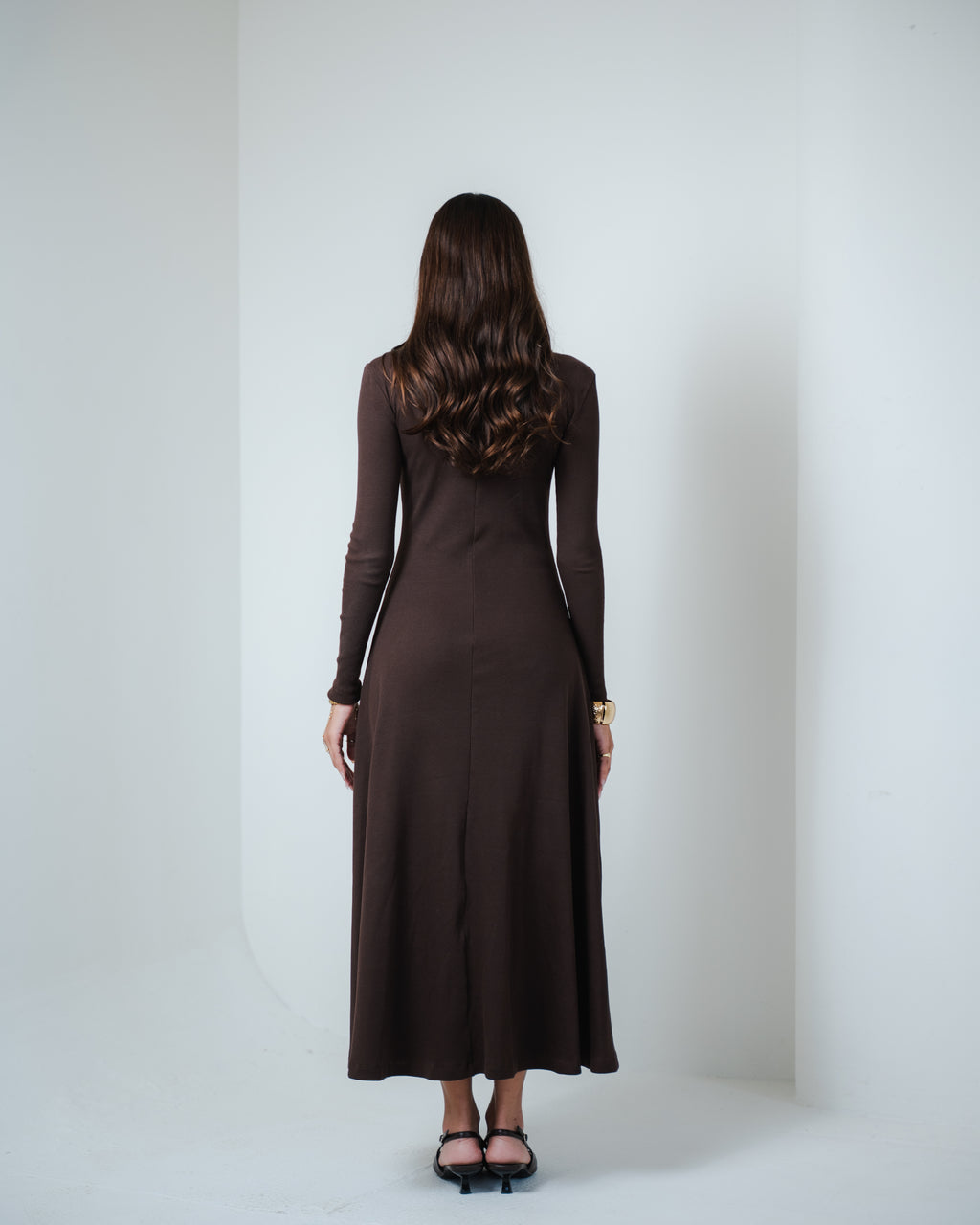 Brown V-Neck Midi Dress