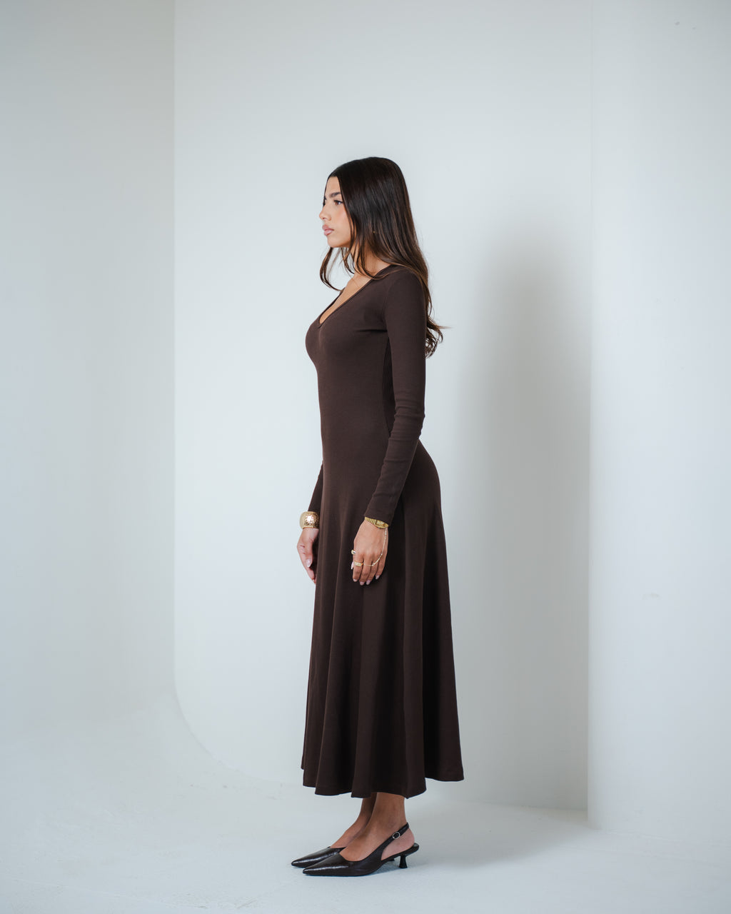 Brown V-Neck Midi Dress