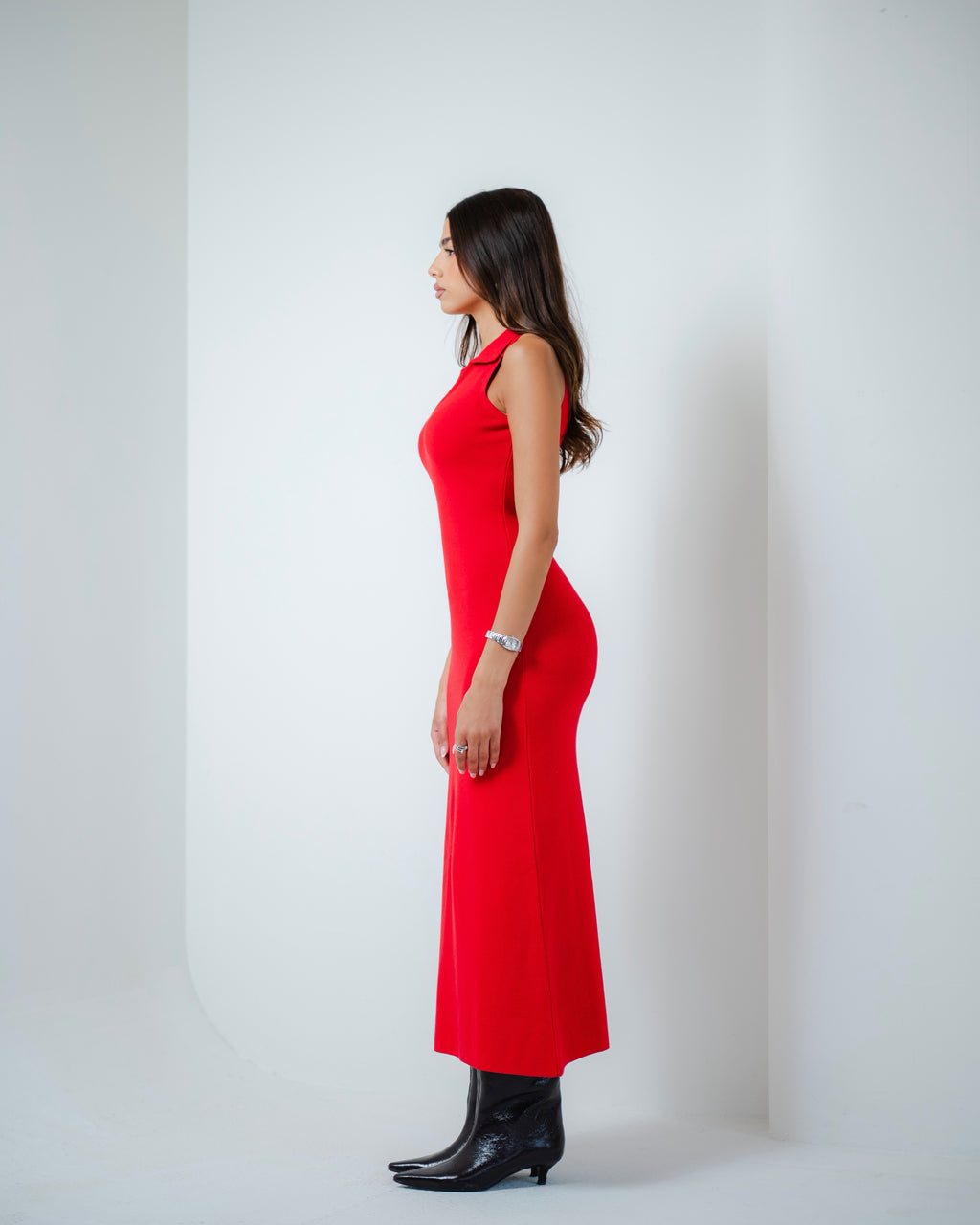 Red Collared Knit Midi Dress