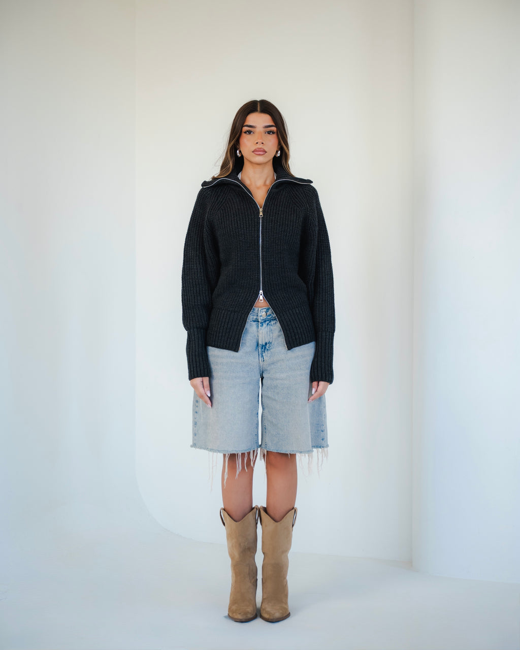 Charcoal Zip-Up Knit Sweater